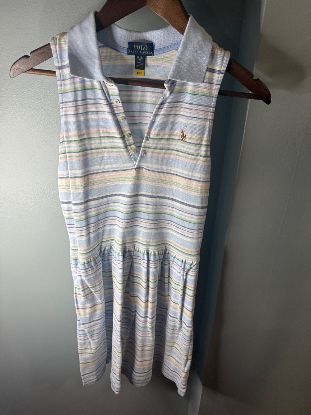 Polo by Ralph Lauren Girls Striped Polo Dress in Light Blue, White, Green